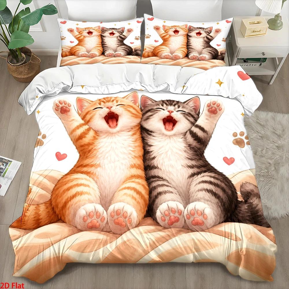 Home Decor Minimalist Style - 3-teiliges Bettwäsche-Set mit niedlichem Katzenmuster, dreiteiliges