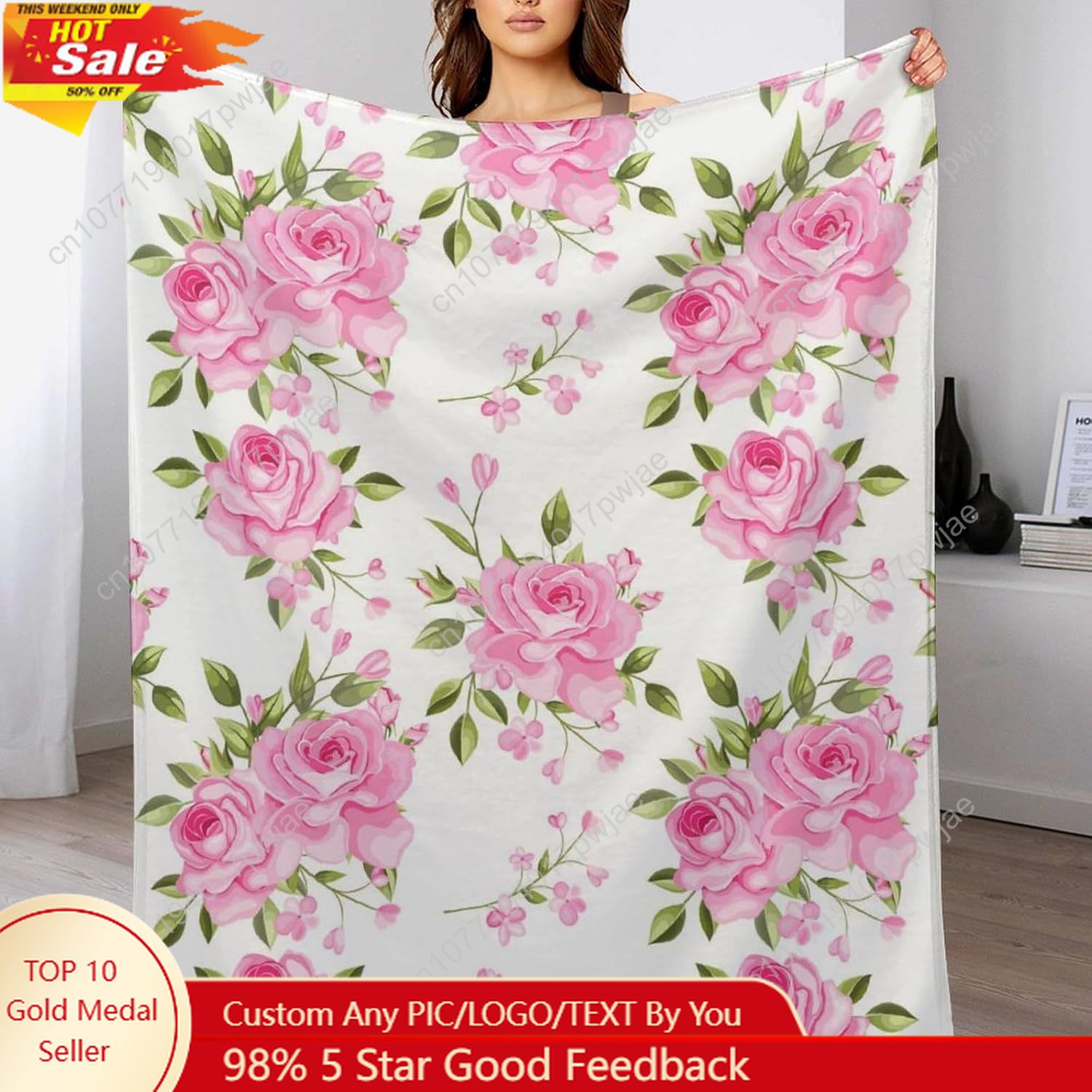 Home Decor Luxury - Rosa Blumen-Überwurfdecke, Blumendekor, Geschenke für Damen