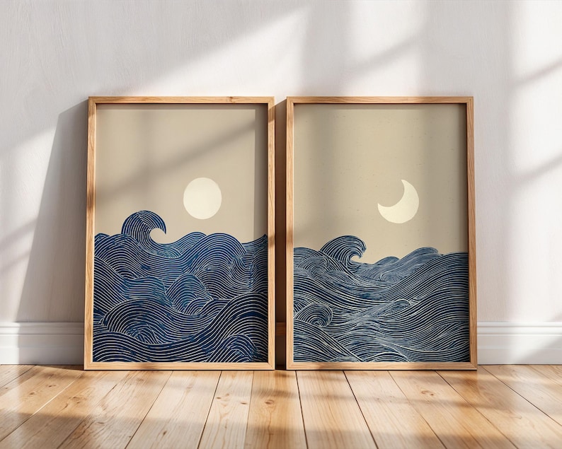 Home Decor Minimalist Style - 2 Stück Japandi Minimalistische Mondhalbmond-Leinwand-Wandkunstdrucke, Rahmenlose