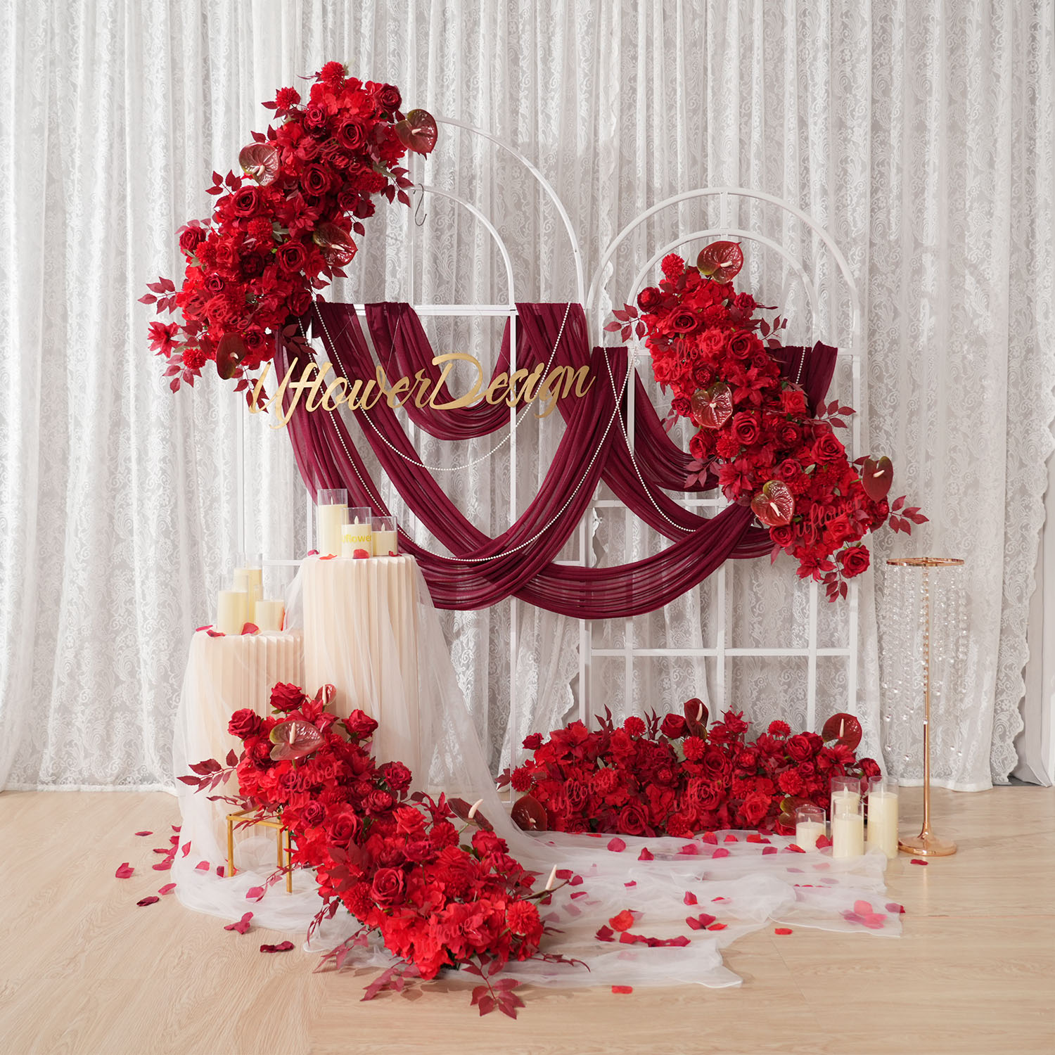 Home Decor Event - Uflower Red Flower Row Hochzeitsbogen, dekorativer