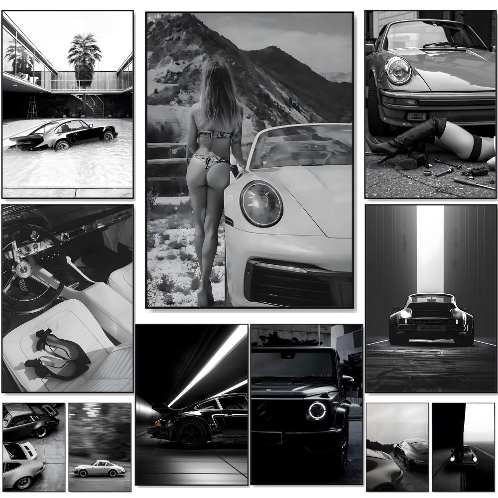 Home Decor Luxury - Schwarz-weißes Luxus-Sportwagen-Gemälde, Kalligrafie, Premium-Baumwoll-Leinwand, Wandkunst-Poster, HD,