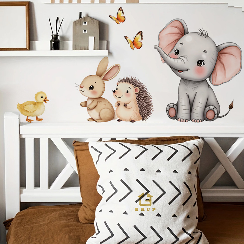 Flooring Home Decor - Cartoon-Tier-Wandaufkleber – Elefant, Hase, Igel, Kinderzimmer-Aufkleber,